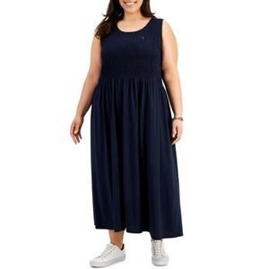 Tommy Hilfiger Women's Smocked Maxi Dress Sky Captain Plus Size 1X